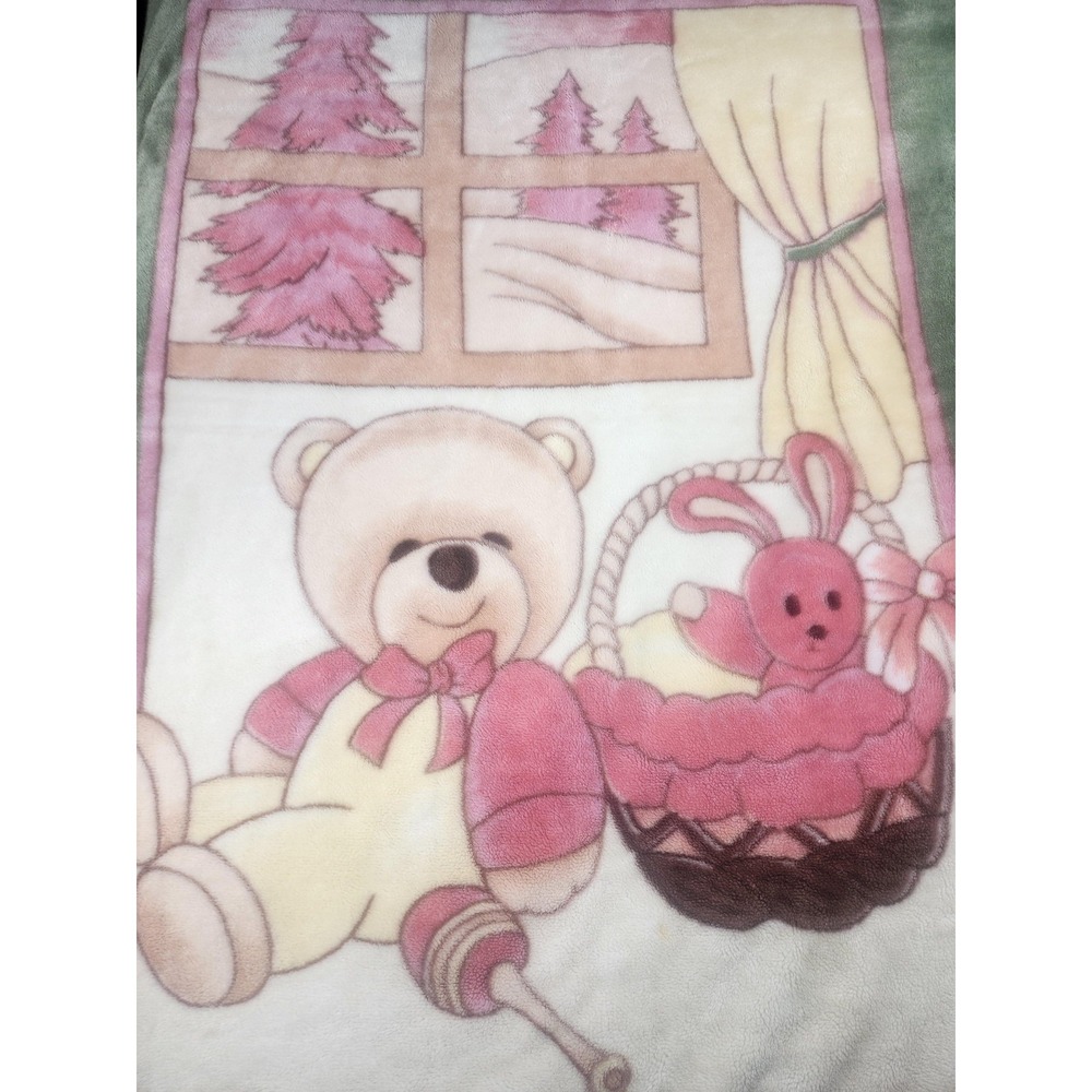 Popitex Bear Soft Plush Baby Blanket Green Pink 100x140cm Girls Polyester - Picture 2 of 7